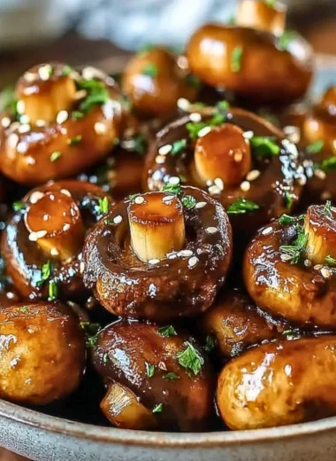 Plate of easy oven-roasted mushrooms with soy sauce and honey glaze