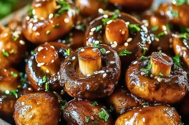 Plate of easy oven-roasted mushrooms with soy sauce and honey glaze