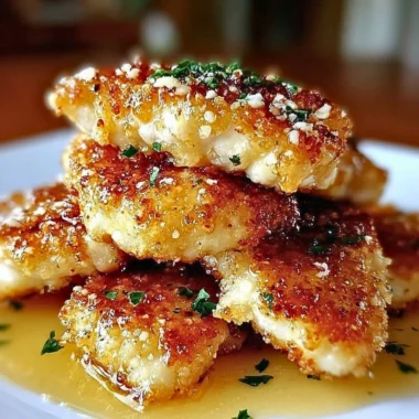 Crispy lemon pecorino chicken served on a plate with garnishes.