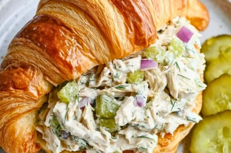 Delicious flavored dill pickle chicken salad served in a bowl