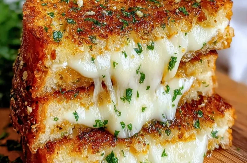 Delicious garlic bread grilled cheese sandwich with melted cheese