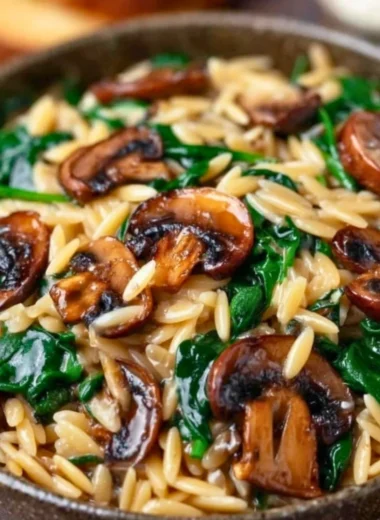 Garlic butter orzo dish with mushrooms and spinach garnished with herbs