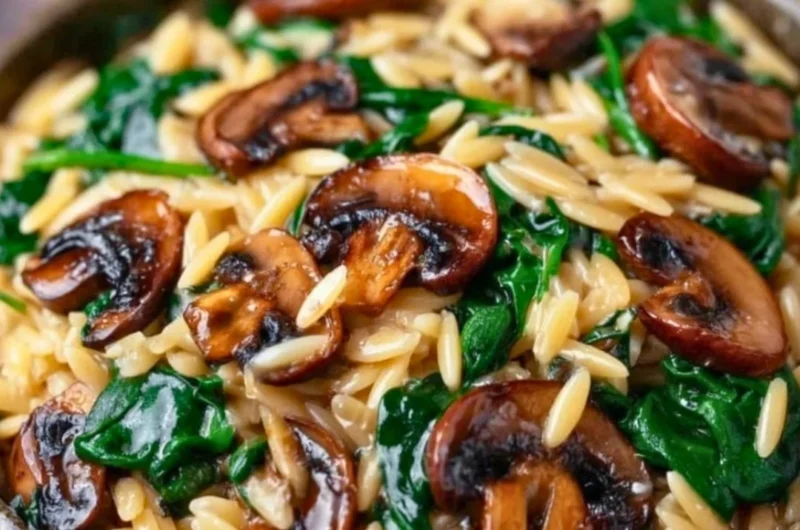 Garlic butter orzo dish with mushrooms and spinach garnished with herbs