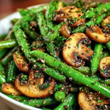 Garlic Butter Green Beans sautéed with mushrooms in a skillet