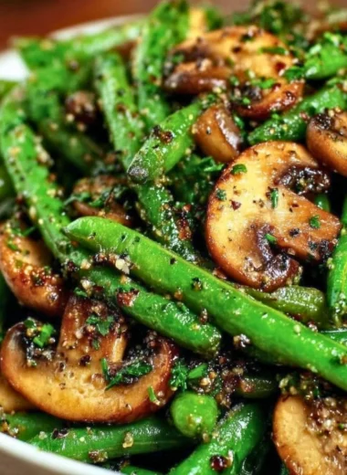Garlic Butter Green Beans sautéed with mushrooms in a skillet