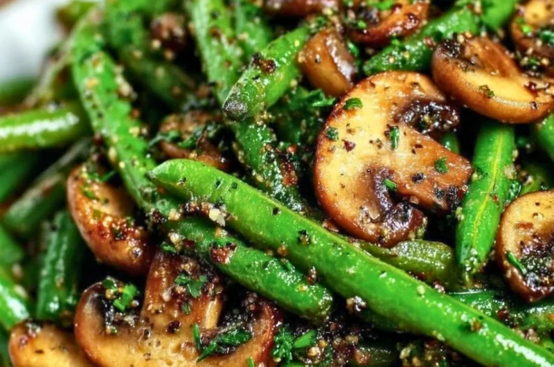 Garlic Butter Green Beans sautéed with mushrooms in a skillet