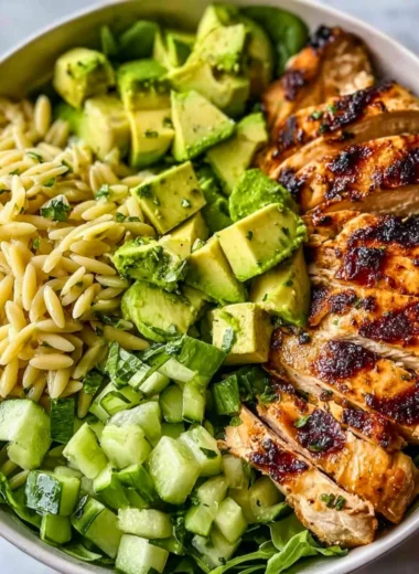 Fresh Grilled Chicken Orzo Salad with vibrant vegetables and dressing