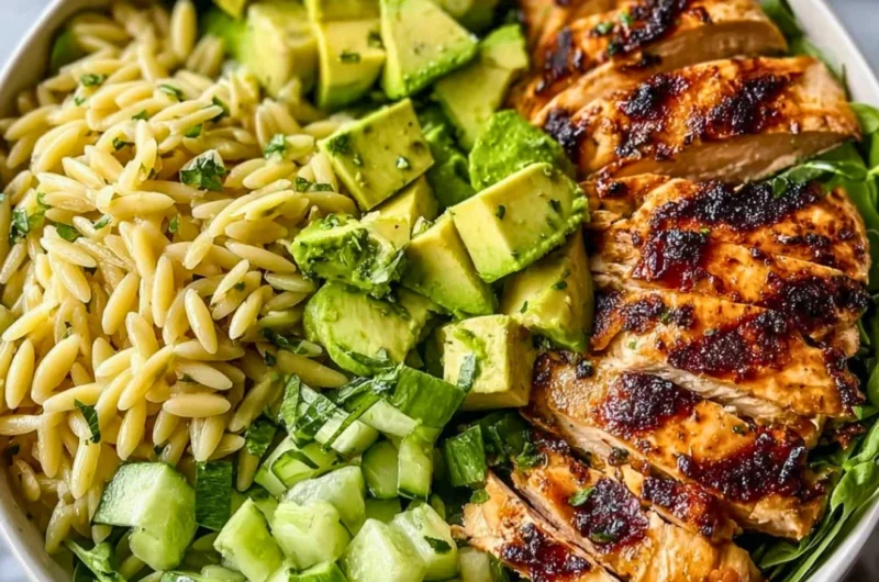Fresh Grilled Chicken Orzo Salad with vibrant vegetables and dressing