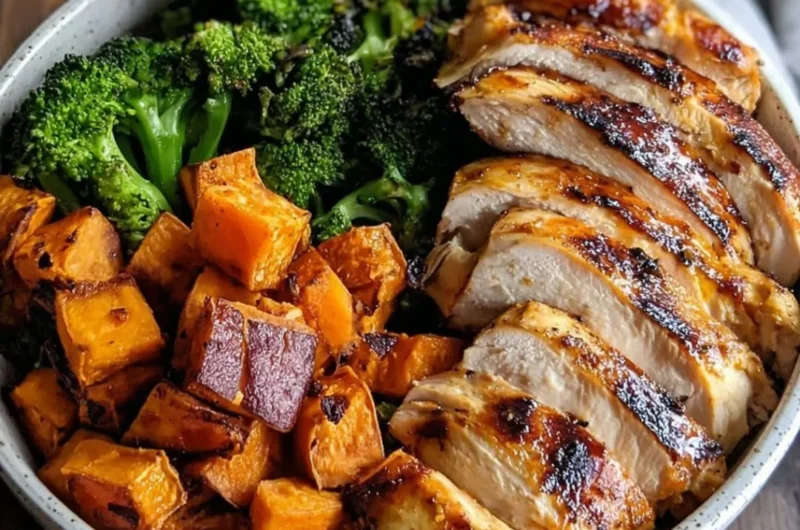 Grilled chicken served with sweet potato in a colorful bowl
