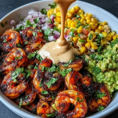 Colorful grilled shrimp bowl with avocado, corn salsa, and creamy garlic sauce