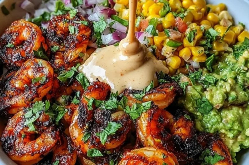 Colorful grilled shrimp bowl with avocado, corn salsa, and creamy garlic sauce
