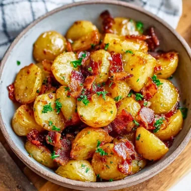 Honey Bacon Roasted Potatoes topped with crispy bacon and a honey glaze