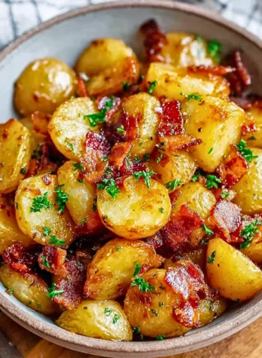 Honey Bacon Roasted Potatoes topped with crispy bacon and a honey glaze