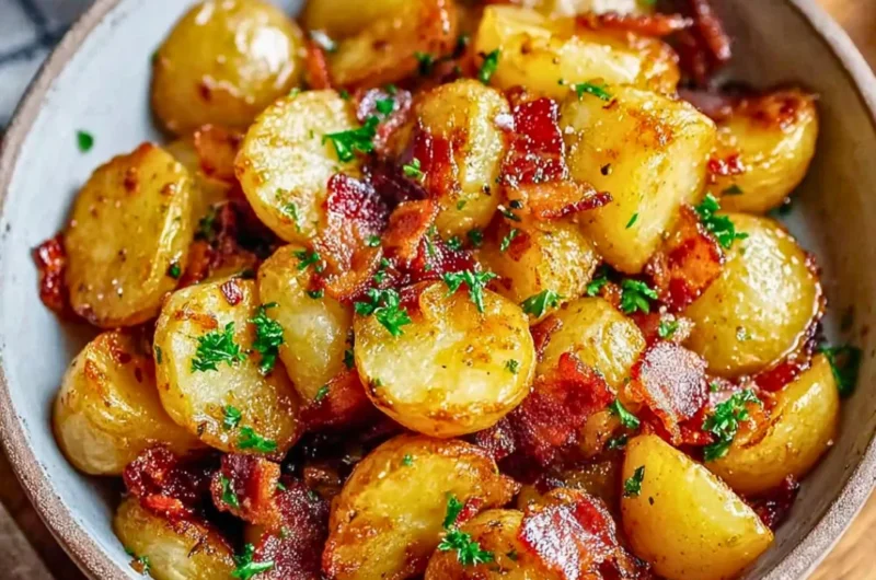 Honey Bacon Roasted Potatoes topped with crispy bacon and a honey glaze