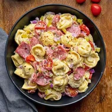 Italian Grinder Tortellini Salad with fresh vegetables and dressing