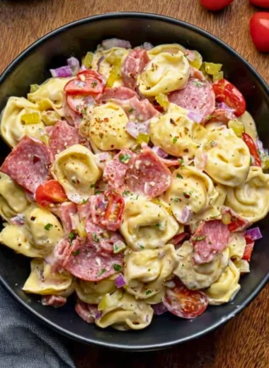 Italian Grinder Tortellini Salad with fresh vegetables and dressing