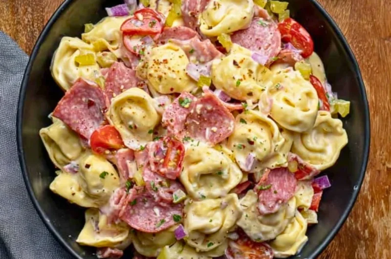 Italian Grinder Tortellini Salad with fresh vegetables and dressing