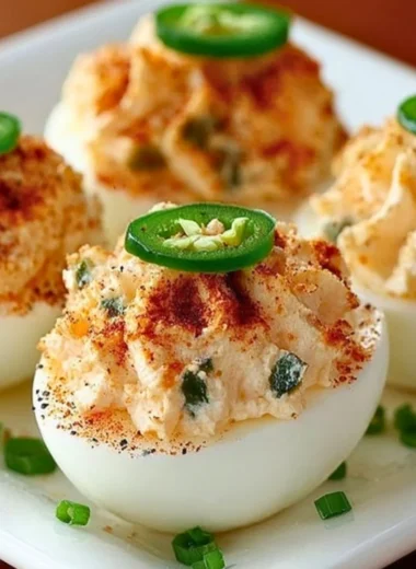 Spicy Jalapeño Deviled Eggs served on a platter with garnishes
