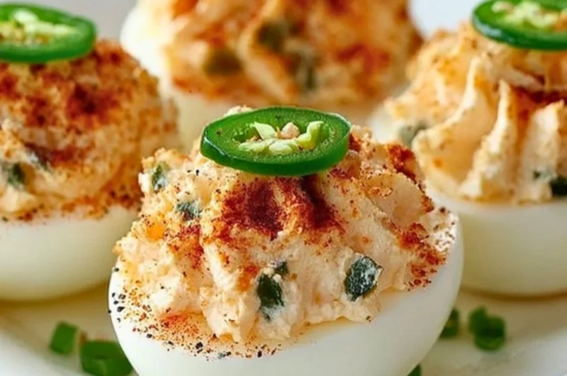 Spicy Jalapeño Deviled Eggs served on a platter with garnishes