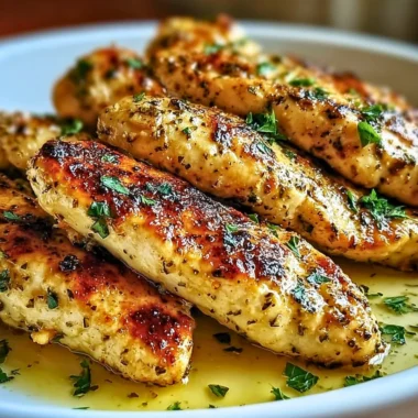 Delicious juicily cooked Greek chicken tenders garnished with herbs