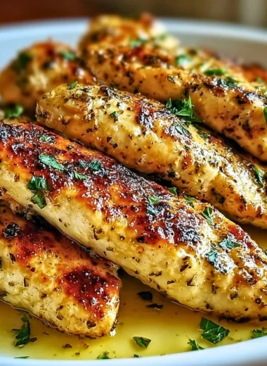 Delicious juicily cooked Greek chicken tenders garnished with herbs