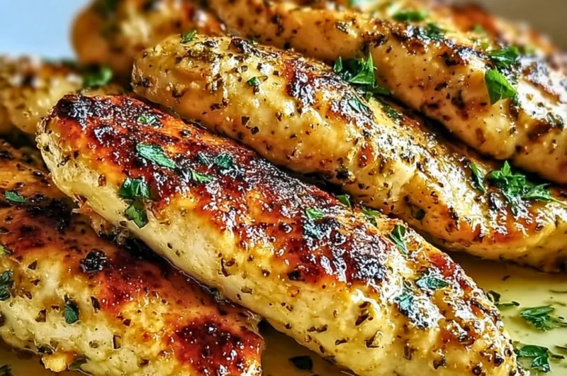 Delicious juicily cooked Greek chicken tenders garnished with herbs