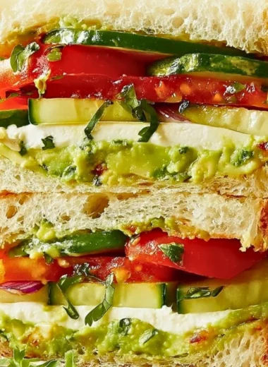 Delicious loaded cucumber and avocado sandwich with fresh ingredients.