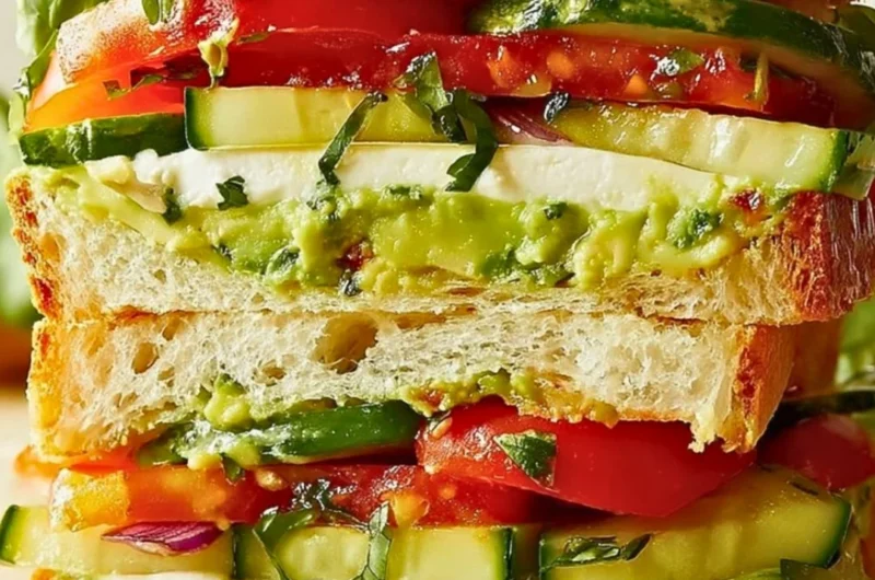 Delicious loaded cucumber and avocado sandwich with fresh ingredients.