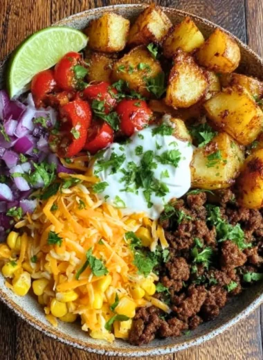 Delicious Loaded Potato Taco Bowl topped with cheese and fresh herbs