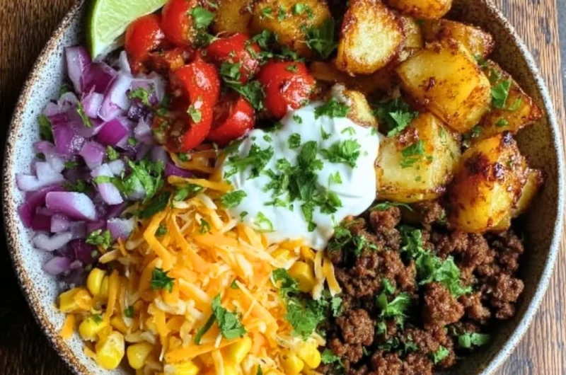 Delicious Loaded Potato Taco Bowl topped with cheese and fresh herbs