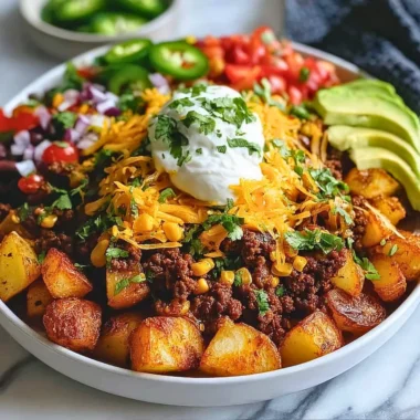 Delicious Loaded Potato Taco Bowl with toppings and cheese