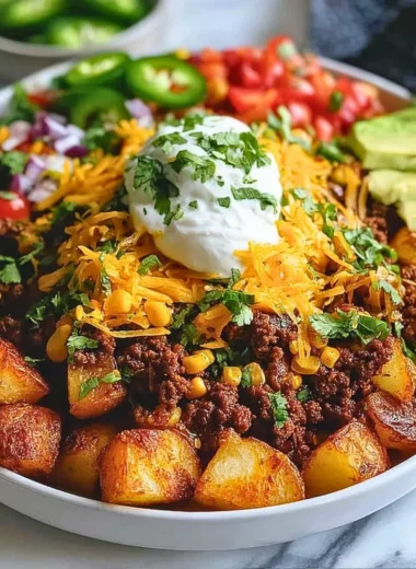 Delicious Loaded Potato Taco Bowl with toppings and cheese