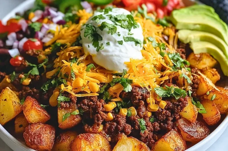Delicious Loaded Potato Taco Bowl with toppings and cheese