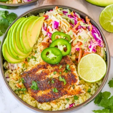Low Carb Fish Taco Bowl with fresh ingredients and vibrant toppings