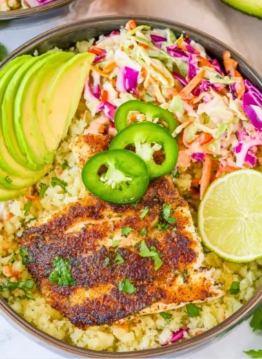Low Carb Fish Taco Bowl with fresh ingredients and vibrant toppings