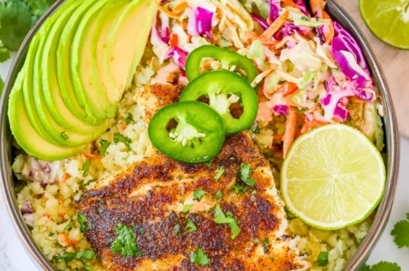 Low Carb Fish Taco Bowl with fresh ingredients and vibrant toppings