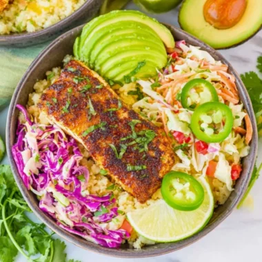 Low carb fish taco bowls with fresh toppings and ingredients