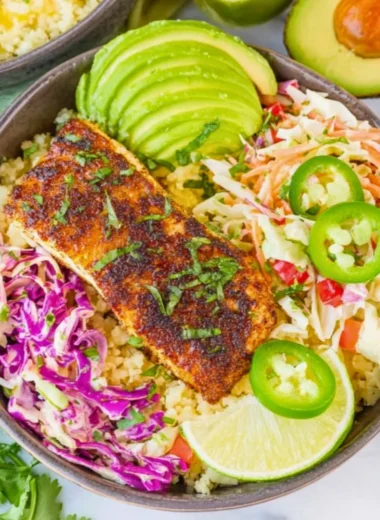 Low carb fish taco bowls with fresh toppings and ingredients
