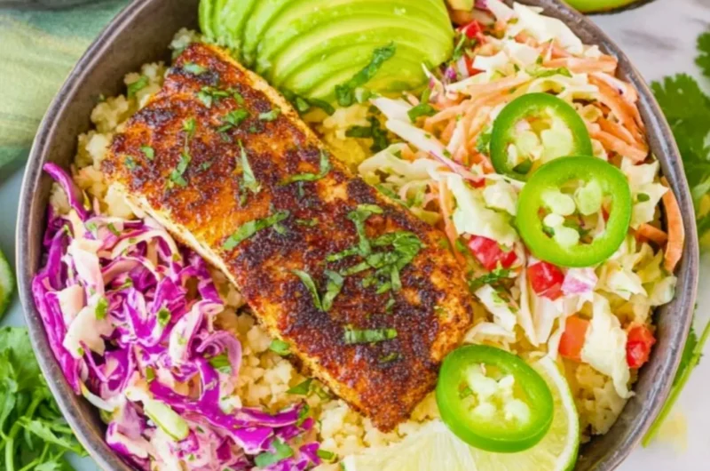 Low carb fish taco bowls with fresh toppings and ingredients