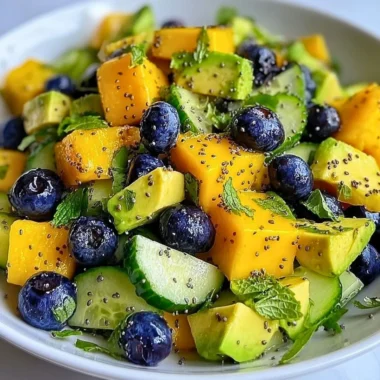 Mango Cucumber Salad with Blueberries and Avocado served in a bowl