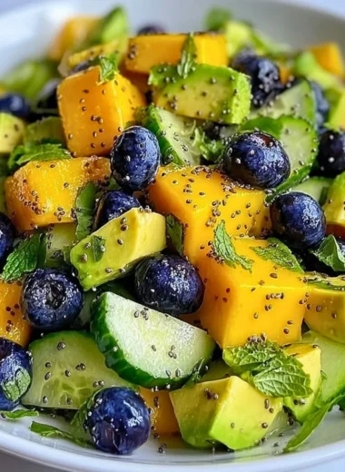 Mango Cucumber Salad with Blueberries and Avocado served in a bowl