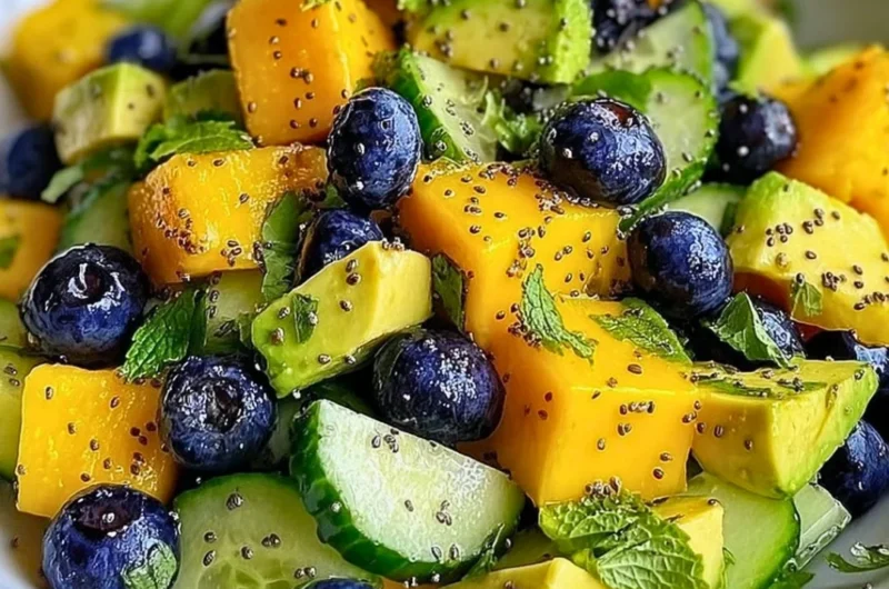 Mango Cucumber Salad with Blueberries and Avocado served in a bowl