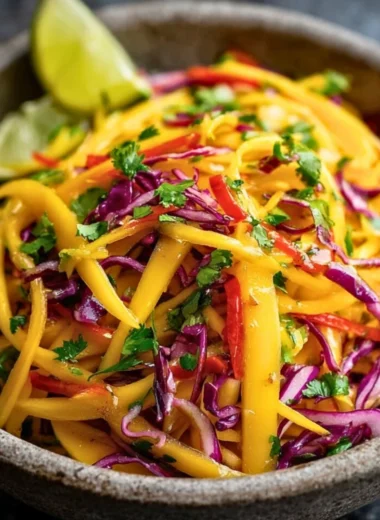 Delicious mango slaw with fresh vegetables and vibrant colors