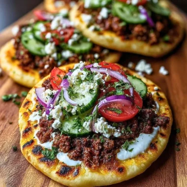 Mediterranean mini Lahmacun bites with yogurt drizzle on a plate