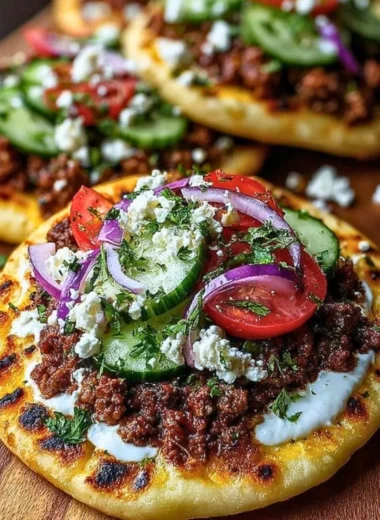 Mediterranean mini Lahmacun bites with yogurt drizzle on a plate