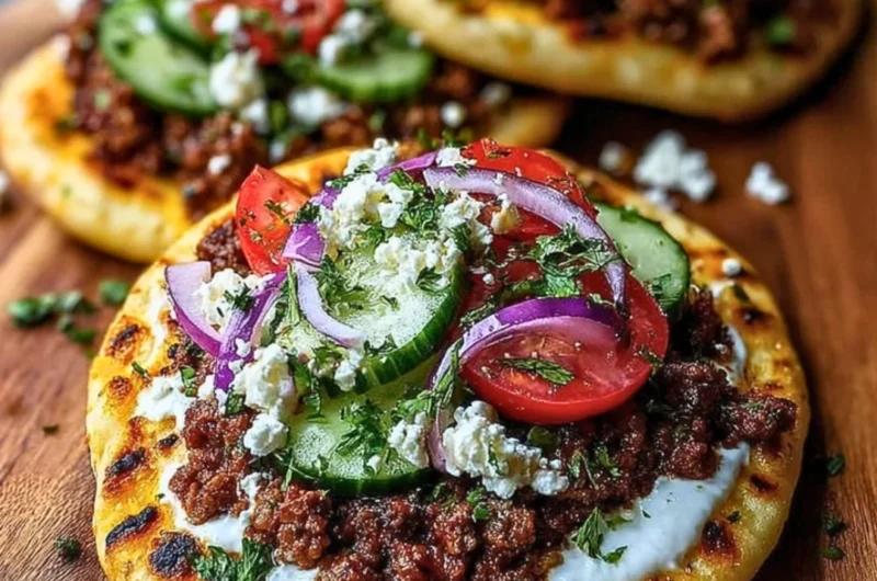 Mediterranean mini Lahmacun bites with yogurt drizzle on a plate