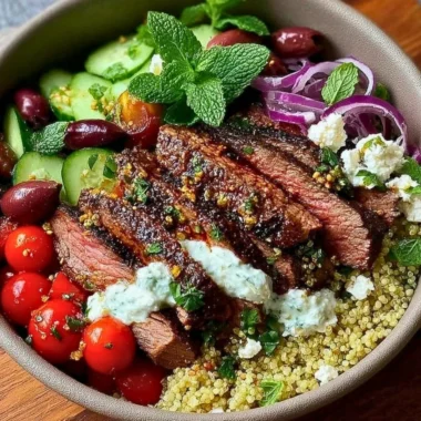 Mediterranean steak bowls with grilled steak, vegetables, and herbs