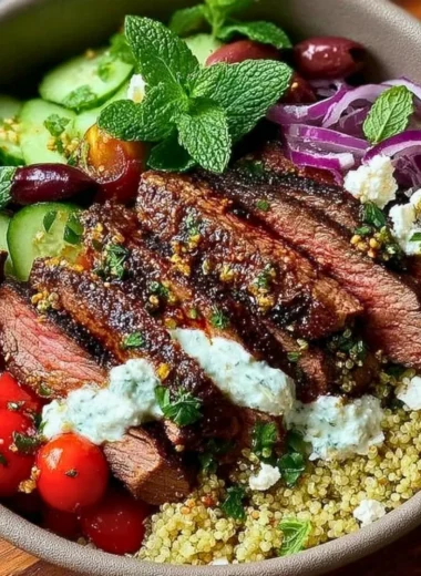 Mediterranean steak bowls with grilled steak, vegetables, and herbs