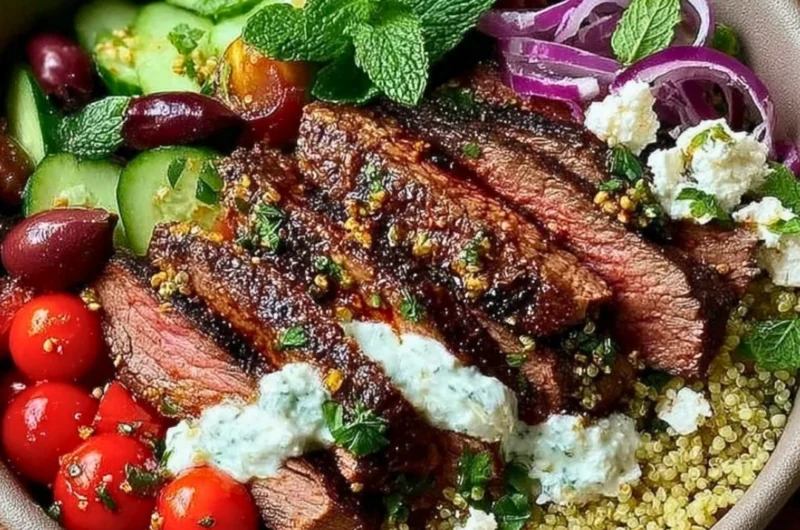 Mediterranean steak bowls with grilled steak, vegetables, and herbs