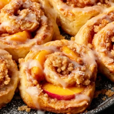 Delicious Peach Cobbler Cinnamon Rolls served on a plate with fresh peaches